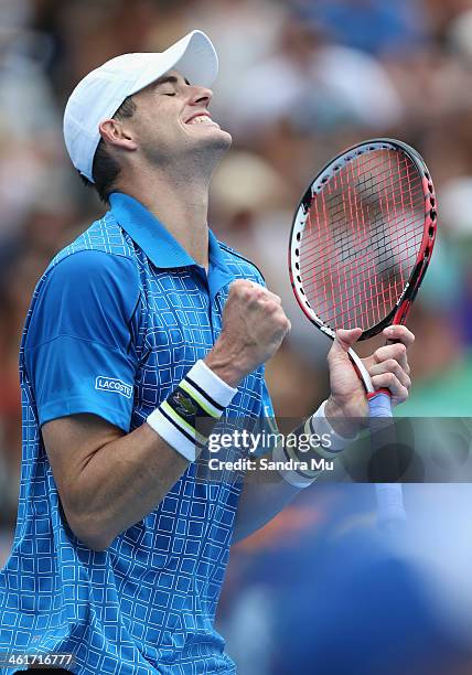 John Isner of the USA celebrates his win over Yen-Hsun Lu of Chinese Tapei during the final of the Heineken Open at the ASB Tennis Centre on January...