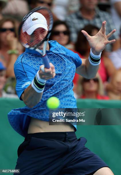 John Isner of the USA plays a forehand during his finals match against Yen-Hsun Lu of Chinese Tapei on day six of the Heineken Open at the ASB Tennis...