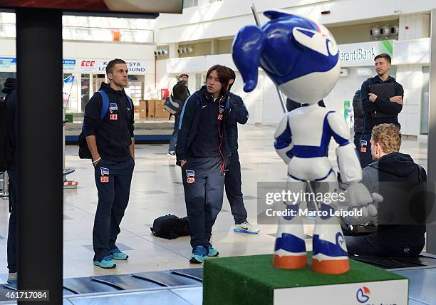 Peter Pekarik and Hajime Hosogai of Hertha BSC during the team's arrival, ahead of their Belek training camp, at Antalya airport on January 18, 2015...