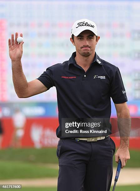 Gary Stal of France on the 18th green during the final round of the Abu Dhabi HSBC Golf Championship at the Abu Dhabi Golf Club on January 18, 2015...