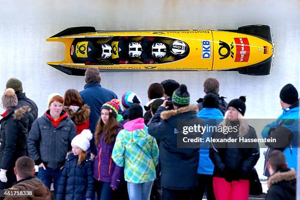 Pilot Francesco Friedrich of Germany competes with Joshua Bluhm, Martin Grothkopp and Thorsten Margis during the Viessmann FIBT Bob World Cup at...