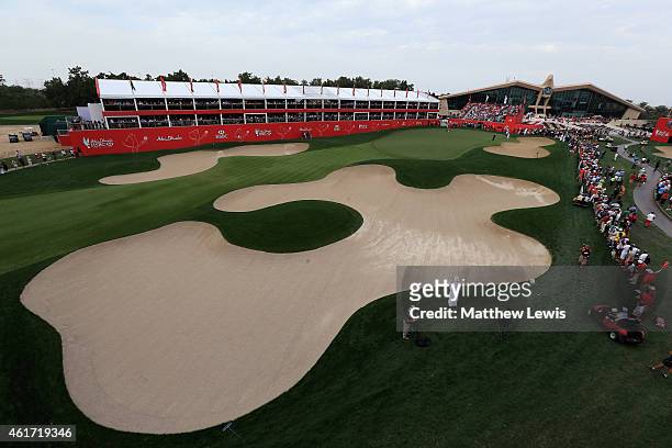 Gary Stal of France makes a putt on the 18th green during day four of the Abu Dhabi HSBC Golf Championship at Abu Dhabi Golf Club on January 18, 2015...