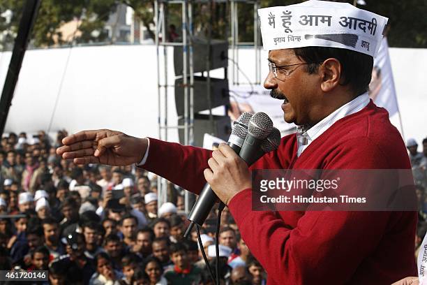 Aam Aadmi Party leader Arvind Kejriwal during his party rally ahead of the upcoming Delhi Assembly Elections, at Mohan Garden, Uttam Nagar Vidhan...