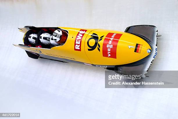 Pilot Maximilian Arndt of Germany competes with Kevin Korona, Alexander Roediger and Ben Herber during the Viessmann FIBT Bob World Cup at Deutsche...
