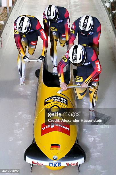 Pilot Nico Walther of Germany competes with Andreas Bredau, Marko Huebenbecker and Christian Poser during the Viessmann FIBT Bob World Cup at...