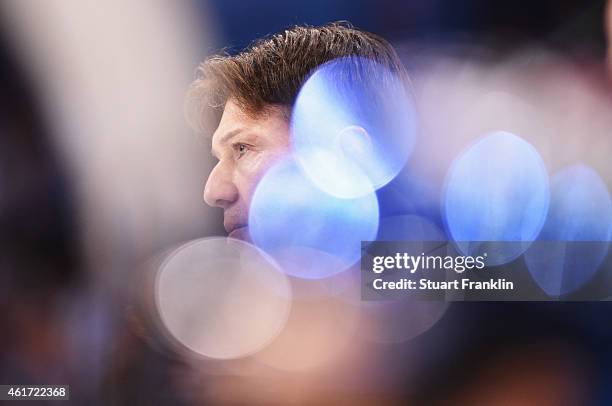 Uwe Krupp, head coach of Berlin looks on during the DEL ice hockey game between Hamburg Freezers and Eisbaeren Berlin at O2 World on January 18, 2015...
