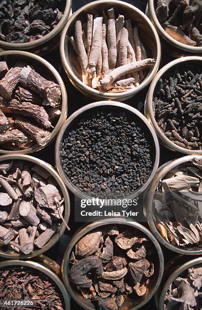 Herbs and spices used in ayurvedic preparations, at the Himalayan ayurvedic spa resort of Rishikesh, in Ananda. Ayurveda is a 5,000-year old holistic...