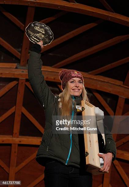 Lindsey Vonn of the USA during the prize giving ceremony at the FIS Alpine Ski World Cup Women's downhill race on January 18, 2015 in Cortina...