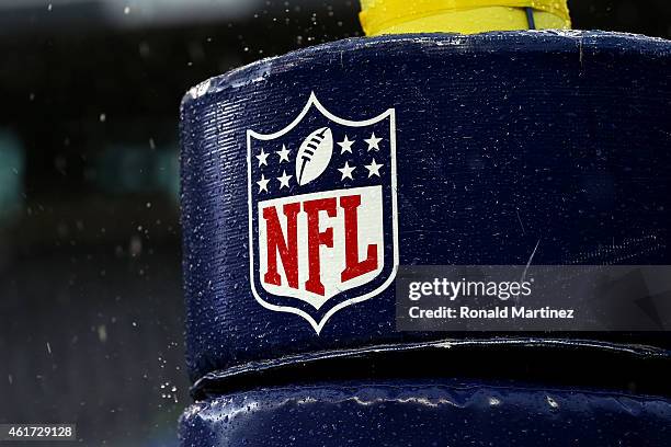Detail image of the NFL logo on a goal post before the 2015 NFC Championship game between the Seattle Seahawks and the Green Bay Packers at...