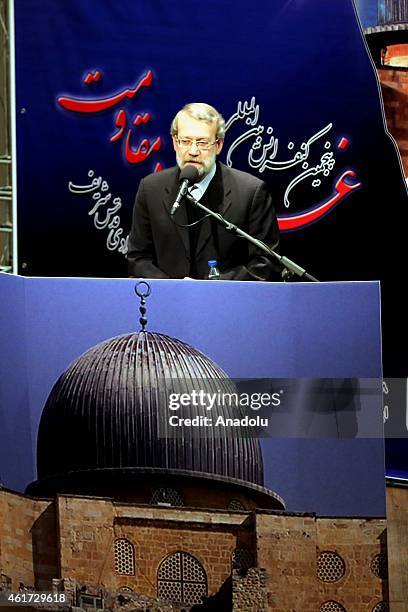 Speaker of the Islamic Consultative Assembly of Iran Ali Larijani gives a speech during the 5th International conference of Gaza, Symbol of...