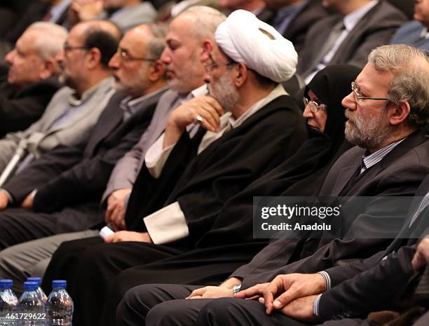 Speaker of the Islamic Consultative Assembly of Iran Ali Larijani and Secretary General of Palestinian Nation's Support Group, Zahra Mostafavi are...