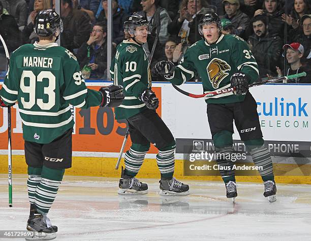 Julius Bergman of the London Knights celebrates a goal against the Sarnia Sting in an OHL game at Budweiser Gardens on January 17, 2015 in London,...