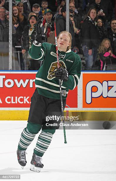 Julius Bergman of the London Knights salutes the crowd after being named 1st star against the Sarnia Sting in an OHL game at Budweiser Gardens on...