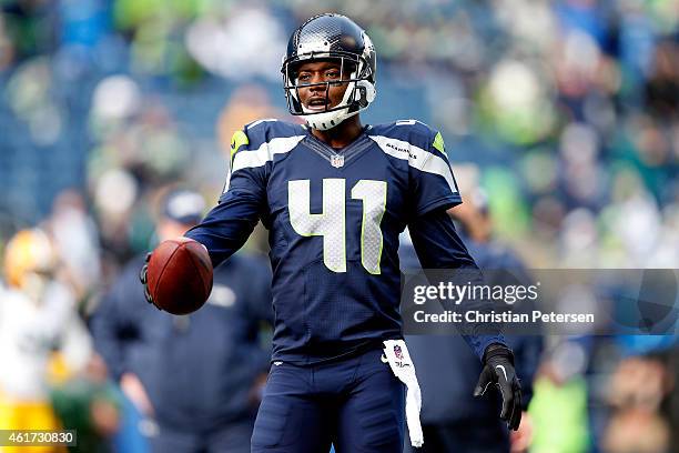 Byron Maxwell of the Seattle Seahawks looks on before the 2015 NFC Championship game at CenturyLink Field on January 18, 2015 in Seattle, Washington.