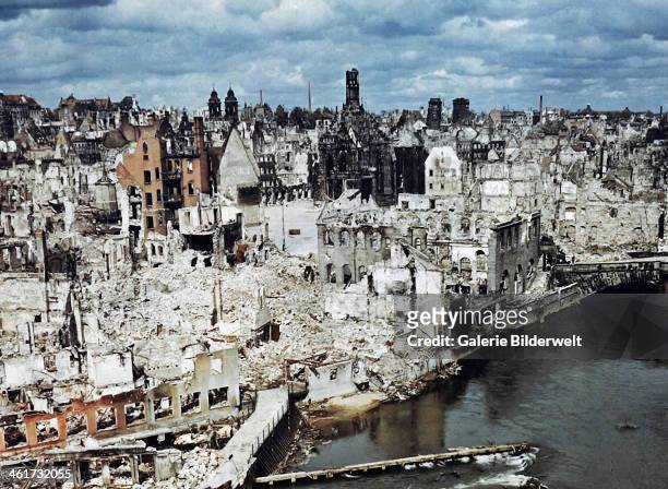 The bombed-out city of Nuremberg, June 1945. Nuremberg had been the host of huge Nazi Party conventions from 1927 to 1938. The city was also the...