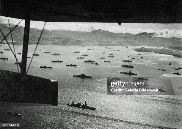 Adak Harbor in the Aleutian Islands with part of a huge U.S. Fleet at anchor, ready to move against the Japanese in Kiska. August 1943. Alaska,...