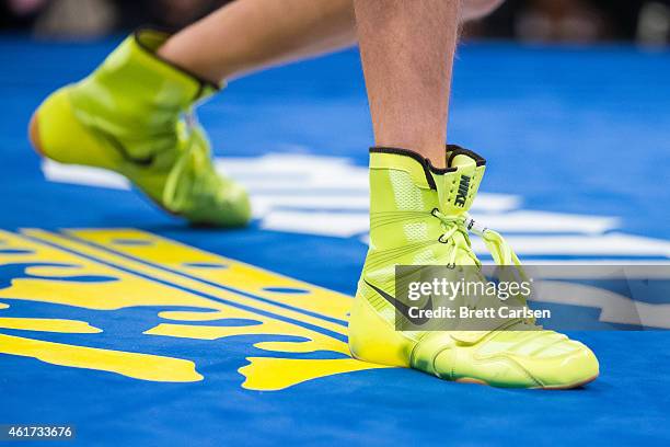 Nike boxing shoes worn by Taras Shelestyuk on ESPN's Friday Night Fights on January 16, 2015 at Turning Stone Casino in Verona, New York.
