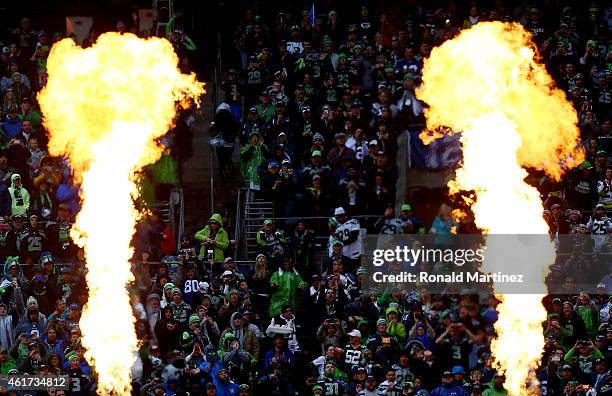 Pyrothecnics light up prior to the 2015 NFC Championship game between the Seattle Seahawks and the Green Bay Packers at CenturyLink Field on January...