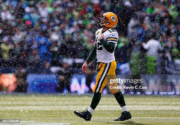 Aaron Rodgers of the Green Bay Packers reacts after throwing an interception during the first half of the 2015 NFC Championship game against the...