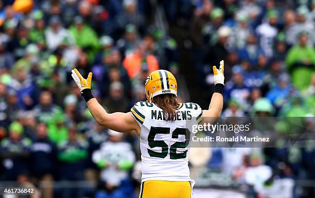 Clay Matthews of the Green Bay Packers reacts in the second quarter while taking on the Seattle Seahawks during the 2015 NFC Championship game at...