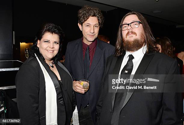 Jane Pollard, Jonathan Glazer and Iain Forsyth attend an after party following The Critics' Circle Film Awards at The May Fair Hotel on January 18,...