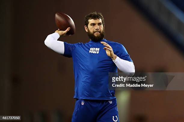 Andrew Luck of the Indianapolis Colts warms up before the 2015 AFC Championship Game against the New England Patriots at Gillette Stadium on January...