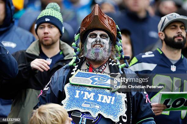 Seattle Seahawks fan looks on against the Green Bay Packers during the 2015 NFC Championship game at CenturyLink Field on January 18, 2015 in...