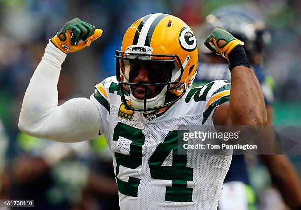 Jarrett Bush of the Green Bay Packers reacts during the fourth quarter of the 2015 NFC Championship game against the Seattle Seahawks at CenturyLink...