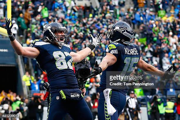 Luke Willson of the Seattle Seahawks celebrates after scoring on a two point conversion during the fourth quarter of the 2015 NFC Championship game...