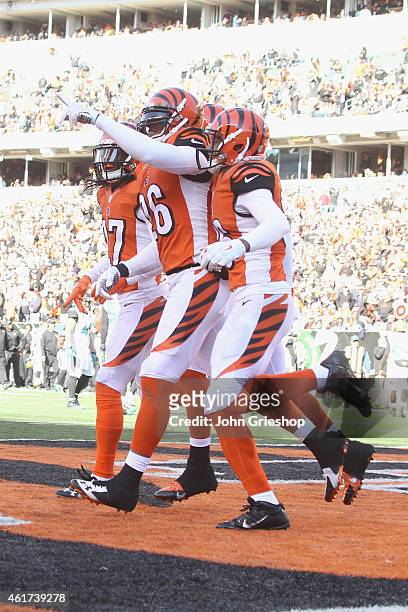 Taylor Mays and Dre Kirkpatrick of the Cincinnati Bengals celebrate a play during the game against the Jacksonville Jaguars at Paul Brown Stadium on...