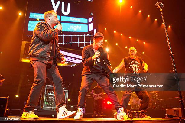 Smudo, Michi Beck and Thomas D of german hip hop group 'Die Fantastischen Vier' perform on stage at the Lanxess Arena on January 18, 2015 in Cologne,...