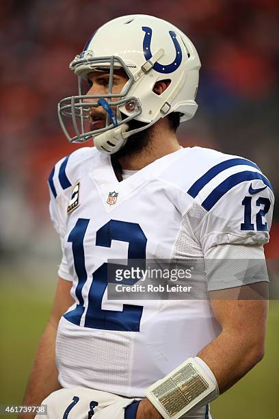 Andrew Luck of the Indianapolis Colts looks on during the game against the Denver Broncos during the 2015 AFC Divisional Playoff game at Sports...