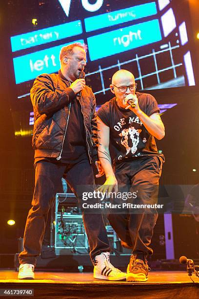 Smudo and Thomas D of german hip hop group 'Die Fantastischen Vier' perform on stage at the Lanxess Arena on January 18, 2015 in Cologne, Germany.