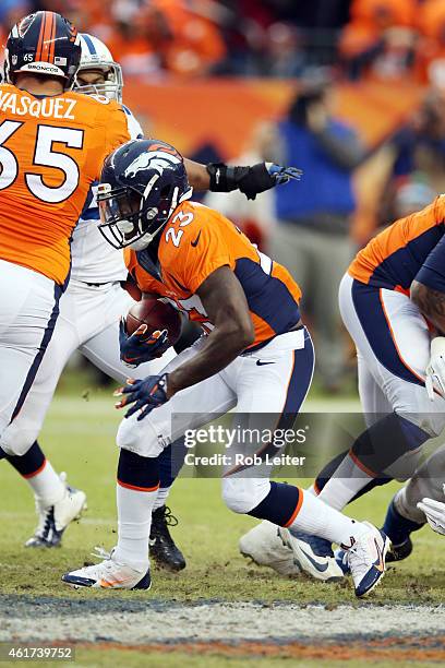 Ronnie Hillman of the Denver Broncos runs the ball during the game against the Indianapolis Colts during the 2015 AFC Divisional Playoff game at...