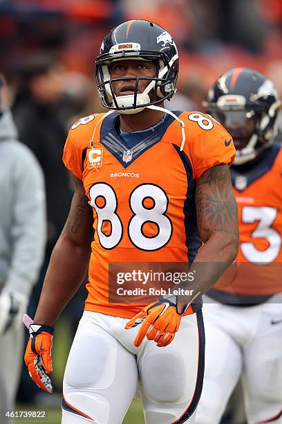 Demaryius Thomas of the Denver Broncos walks off the field before the game against the Indianapolis Colts during the 2015 AFC Divisional Playoff game...