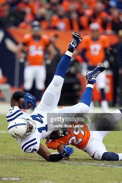 Hakeem Nicks of the Indianapolis Colts catches a pass during the game against the Denver Broncos during the 2015 AFC Divisional Playoff game at...