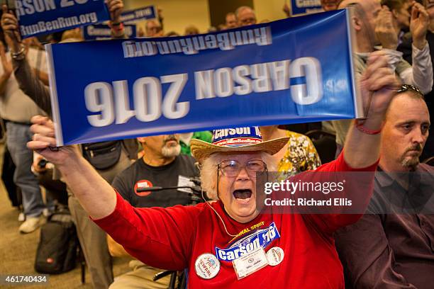 Supporter of Dr. Ben Carson waves a banner at the South Carolina Tea Party Coalition convention on January 18, 2015 in Myrtle Beach, South Carolina....