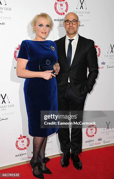 Miranda Richardson and Stanley Tucci pose in the Winners Room at The London Critics' Circle Film Awards at The Mayfair Hotel on January 18, 2015 in...