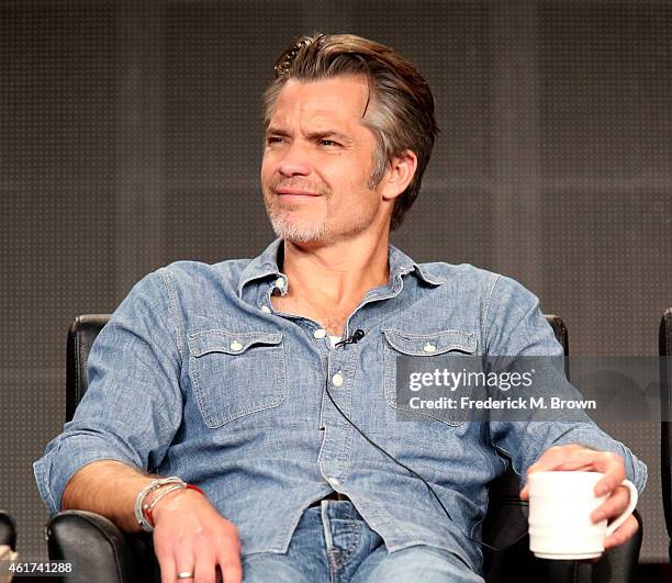 Actor Timothy Olyphant speaks onstage during the 'Justified' panel discussion at the FX Networks portion of the Television Critics Association press...