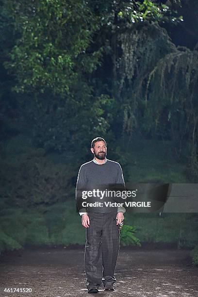 Designer Paul Surridge walks the runway at the Ermenegildo Zegna Autumn Winter 2015 fashion show during Milan Menswear Fashion Week on January 17,...