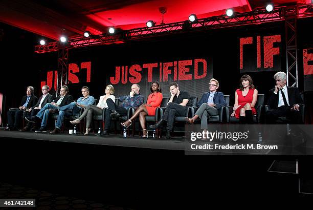 Executive producer/writer Graham Yost, executive producer Fred Golan, actors Timothy Olyphant, Joelle Carter, Nick Searcy, Erica Tazel, Jacob Pitts,...