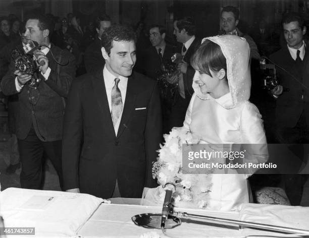 The Roman singer Edoardo Vianello and the Dalmatian-born singer Wilma Goich, wearing the traditional bridal gown with embroided cap, gloves and...