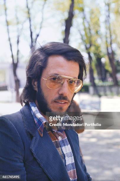 Portrait of Italian guitarist of the band Nomadi Franco Midili. 1970s