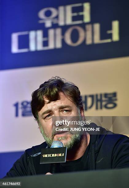 Hollywood star Russell Crowe speaks during a press conference to promote his film "The Water Diviner", in Seoul on January 19, 2015. The film will...