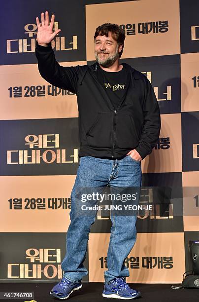 Hollywood star Russell Crowe poses for a photo session during a press conference to promote his film "The Water Diviner", in Seoul on January 19,...