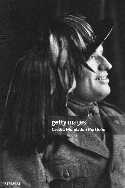 Augusto Moschi smiling wearing the bersagliere uniform just before leaving for the Russian front. Rosina Guida, the sister of Benito Mussolini's...