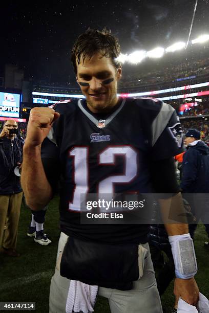 Tom Brady of the New England Patriots celebrates after defeating the Indianapolis Colts in the 2015 AFC Championship Game at Gillette Stadium on...