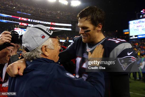 New England Patriots owner Robert Kraft celebrates with Tom Brady after defeating the Indianapolis Colts in the 2015 AFC Championship Game at...