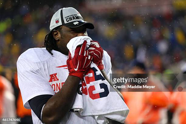 LeGarrette Blount of the New England Patriots celebrates after defeating the Indianapolis Colts in the 2015 AFC Championship Game at Gillette Stadium...