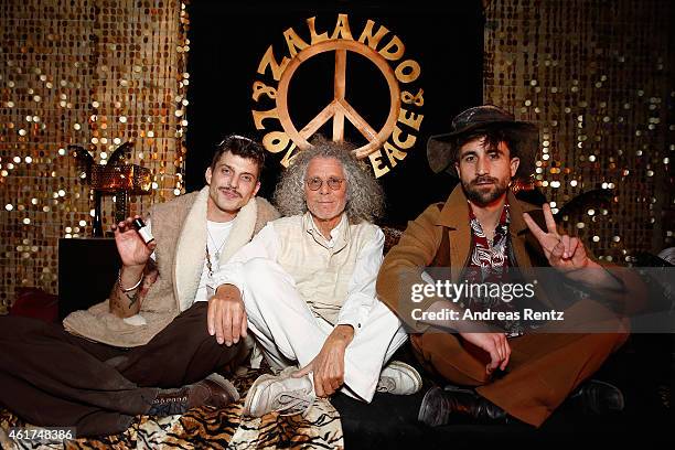 Carl Jakob Haupt, Rainer Langhans and David Kurt Karl Roth attend the Dandy Diary and Zalando Fashion Week Party on January 18, 2015 in Berlin,...